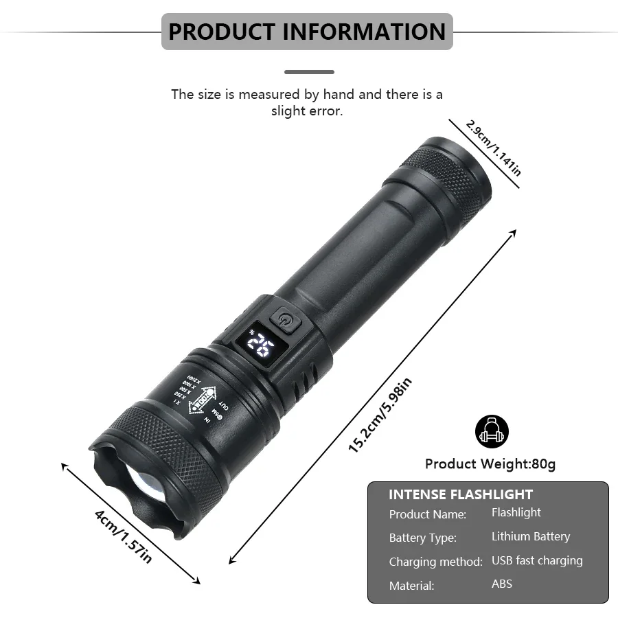 Galingas LED Žibintuvėlis su Ekranu ir USB Įkrovimu - Image 2