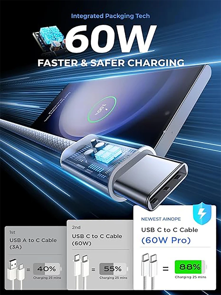 USB-C laidas iPhone 15, Huawei, Xiaomi, Samsung — PD 60W greitas įkrovimas - Image 3