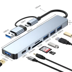 8-in-2 USB + Type-C HUB stotelė su garso jungtimi ir kortelių skaitytuvu