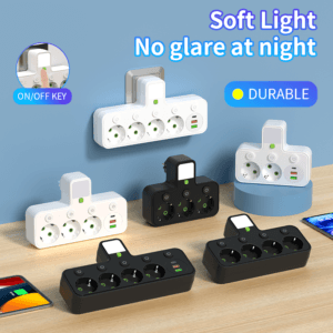 Sieninis lizdas su 4 AC, 2 USB, 1 C tipo jungtimis ir naktine šviesa