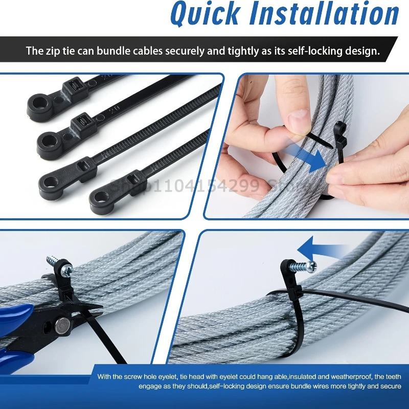100pcs Nylon Cable Ties with Mounting Screw Hole Self Locking Loop Wraps Zipper Cables Tie Wire Fastening Straps Bundle - Image 4