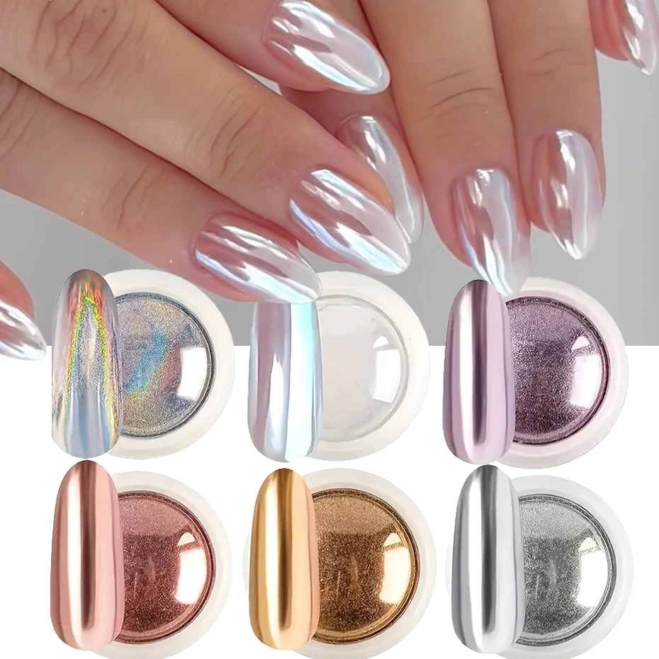 6pcs Chrome Mirror White Nail Powder Pigment Gold Silver Rubbing Holographic Aurora Iridescent Metallic Nail ArtPower De