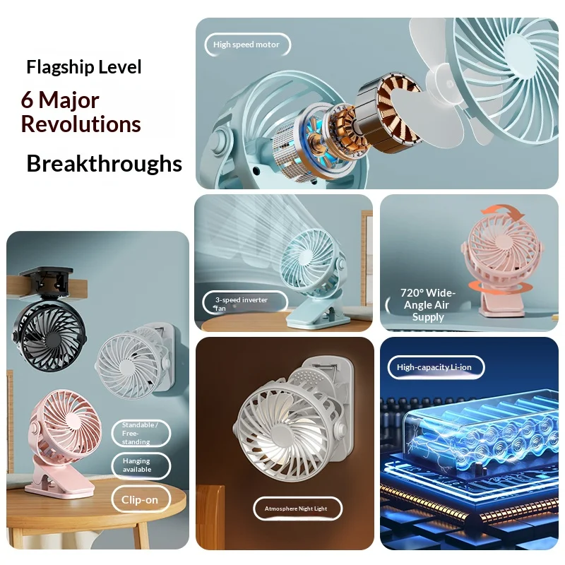 HOMEFISH Portable Rechargeable Clip Fan 720° Rotatable Hanging Fan with Night Light Air Cooler for Outdoor Camping Venti - Image 3