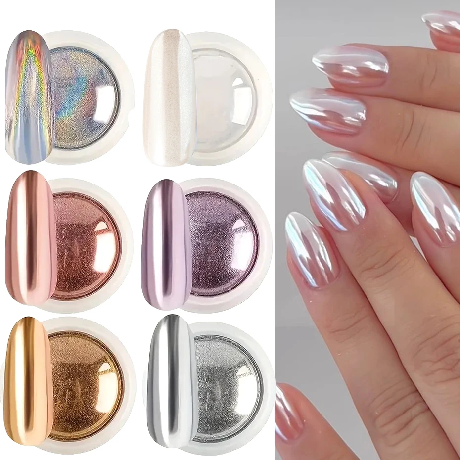 6pcs Chrome Mirror White Nail Powder Pigment Gold Silver Rubbing Holographic Aurora Iridescent Metallic Nail ArtPower De - Image 2