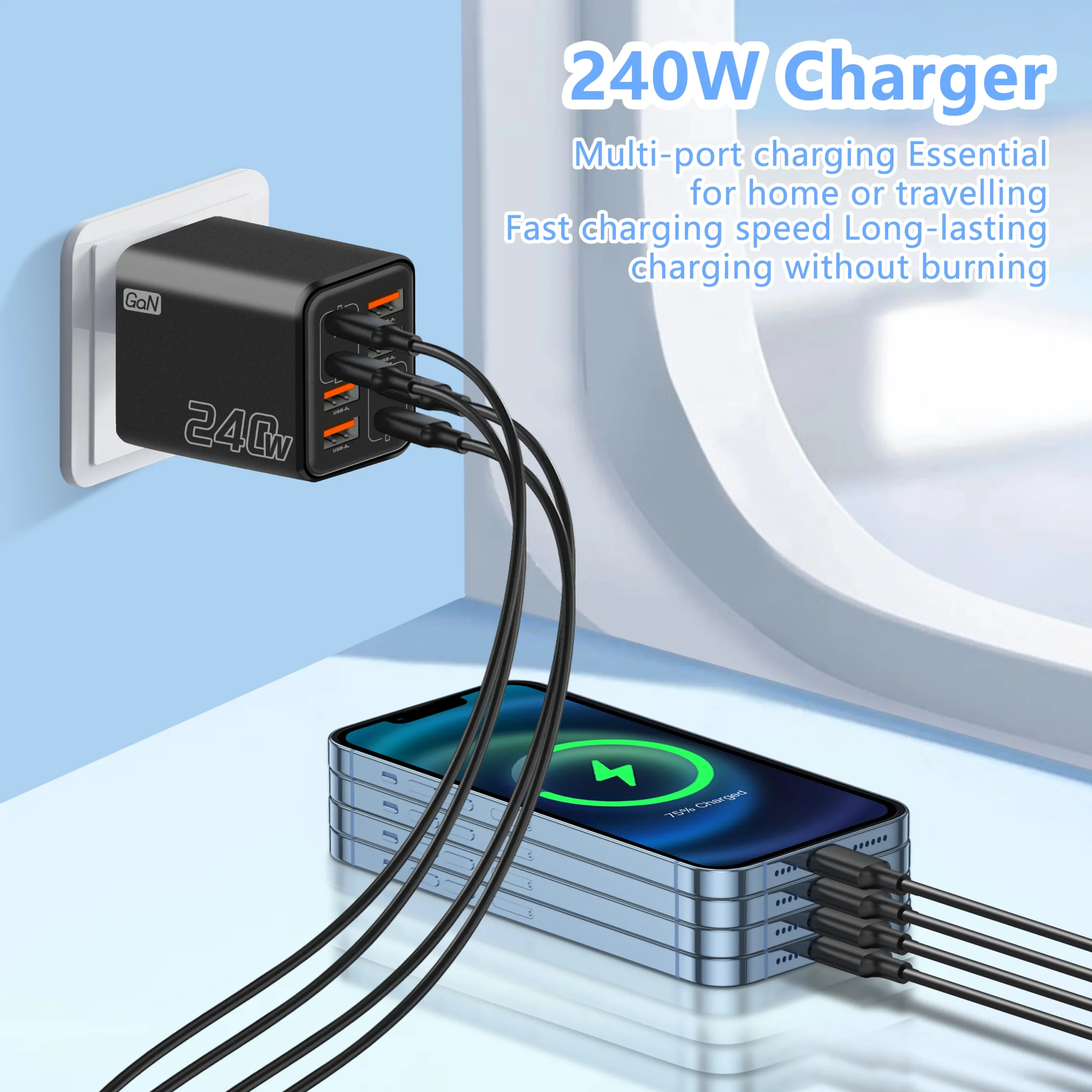 Galingas 240 W GaN sieninis įkroviklis su keliomis USB jungtimis - Image 4