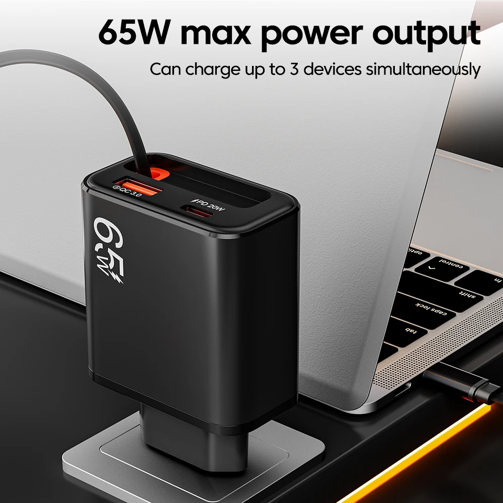 Greitas 65W įkroviklis su ištraukiamu USB-C laidu - Image 3