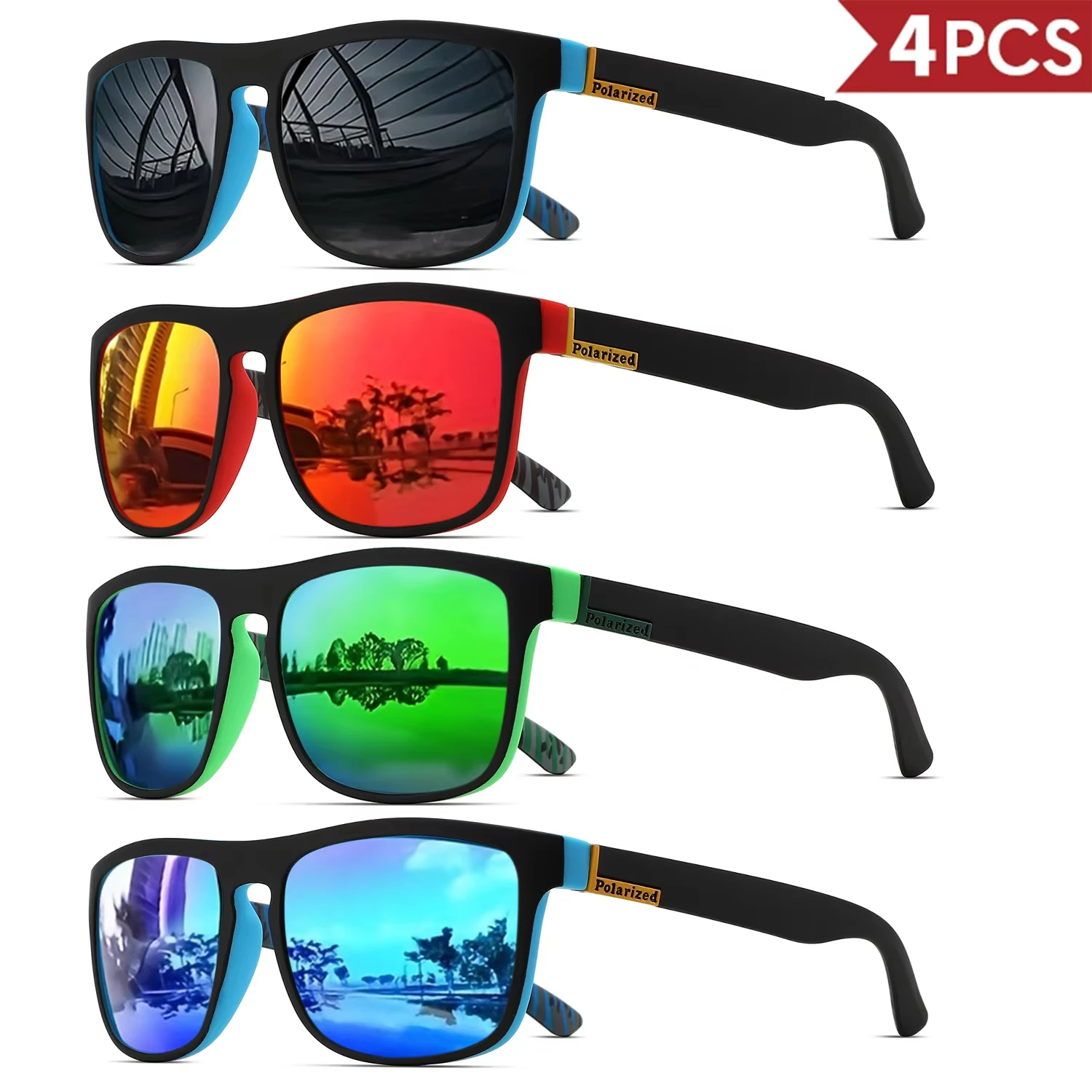 1-4PCS Men Classical Square Polarized Sports Sunglasses Lightweight PC Frame UV400 for Driving Fishing Cycling Unisex Du - Image 2
