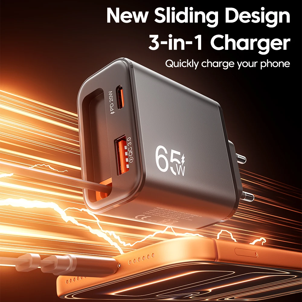 Greitas 65W įkroviklis su ištraukiamu USB-C laidu - Image 2