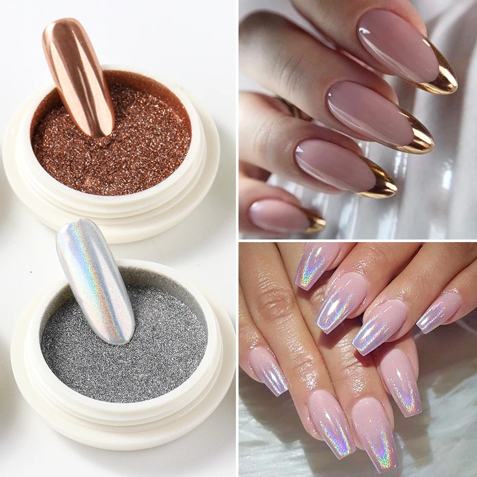 6pcs Chrome Mirror White Nail Powder Pigment Gold Silver Rubbing Holographic Aurora Iridescent Metallic Nail ArtPower De - Image 4