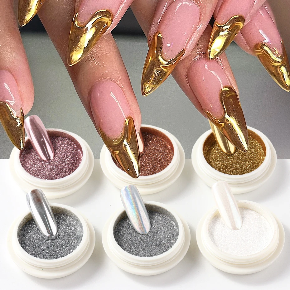6pcs Chrome Mirror White Nail Powder Pigment Gold Silver Rubbing Holographic Aurora Iridescent Metallic Nail ArtPower De - Image 3