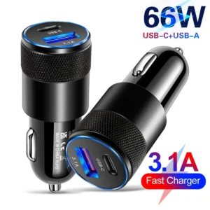 66W greito įkrovimo automobilinis įkroviklis su USB ir Type-C