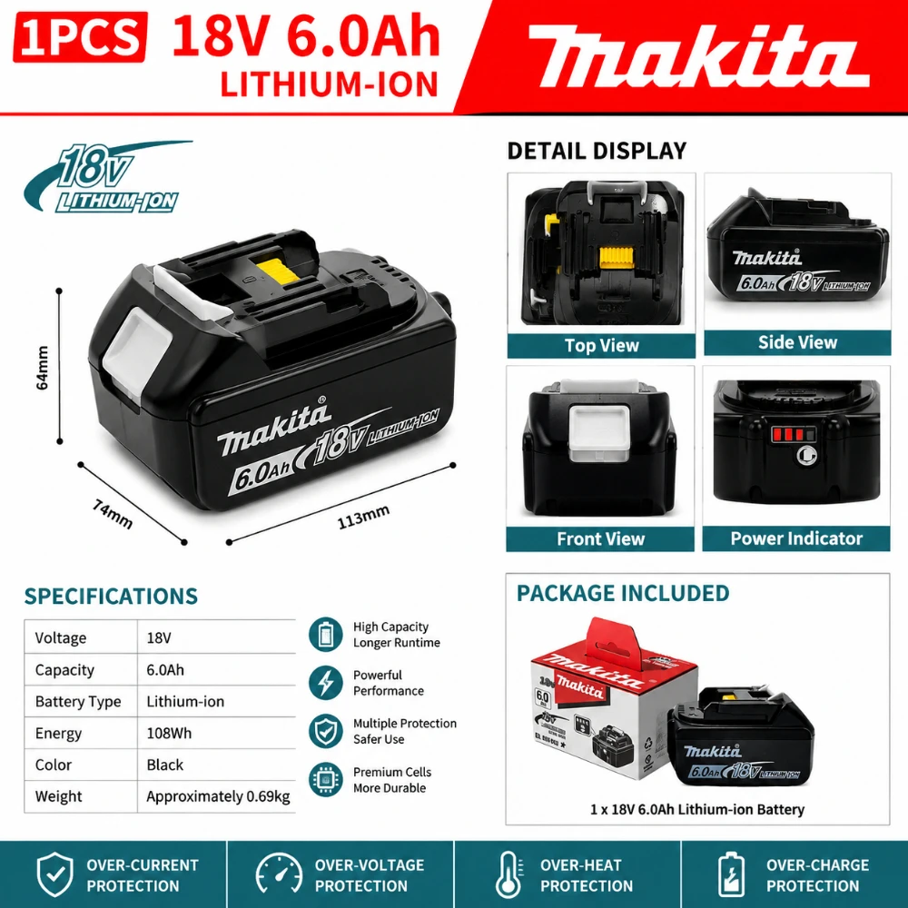 Pakaitinis akumuliatorius Makita įrankiams 18V 6.0Ah LXT - Image 2