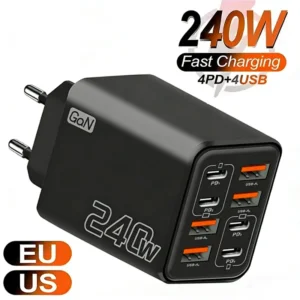 Galingas 240 W GaN sieninis įkroviklis su keliomis USB jungtimis