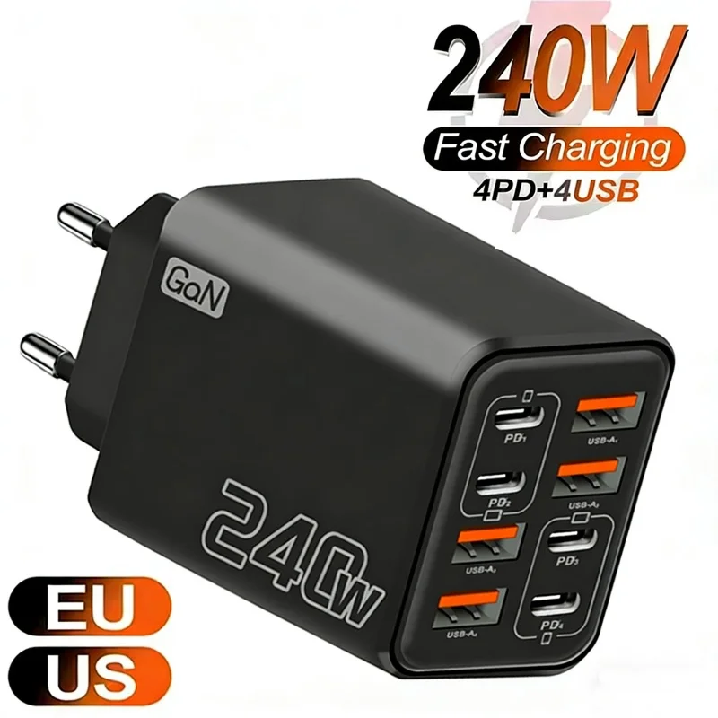Galingas 240 W GaN sieninis įkroviklis su keliomis USB jungtimis