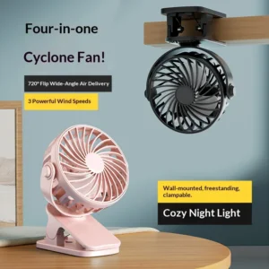 HOMEFISH Portable Rechargeable Clip Fan 720° Rotatable Hanging Fan with Night Light Air Cooler for Outdoor Camping Venti