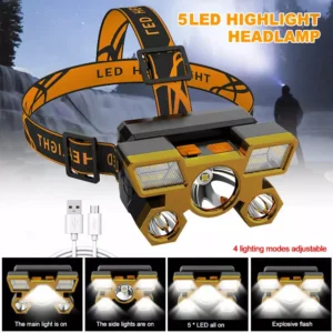Įkraunamas 5 LED prožektorius ant galvos