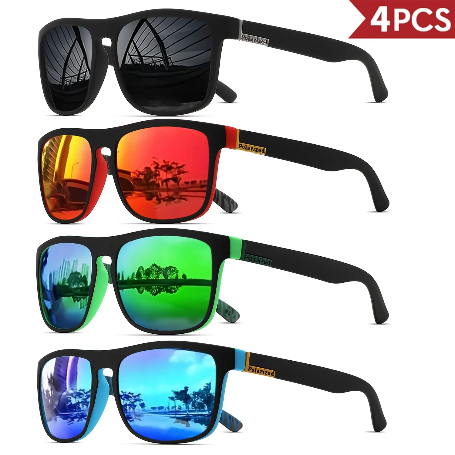 1-4PCS Men Classical Square Polarized Sports Sunglasses Lightweight PC Frame UV400 for Driving Fishing Cycling Unisex Du