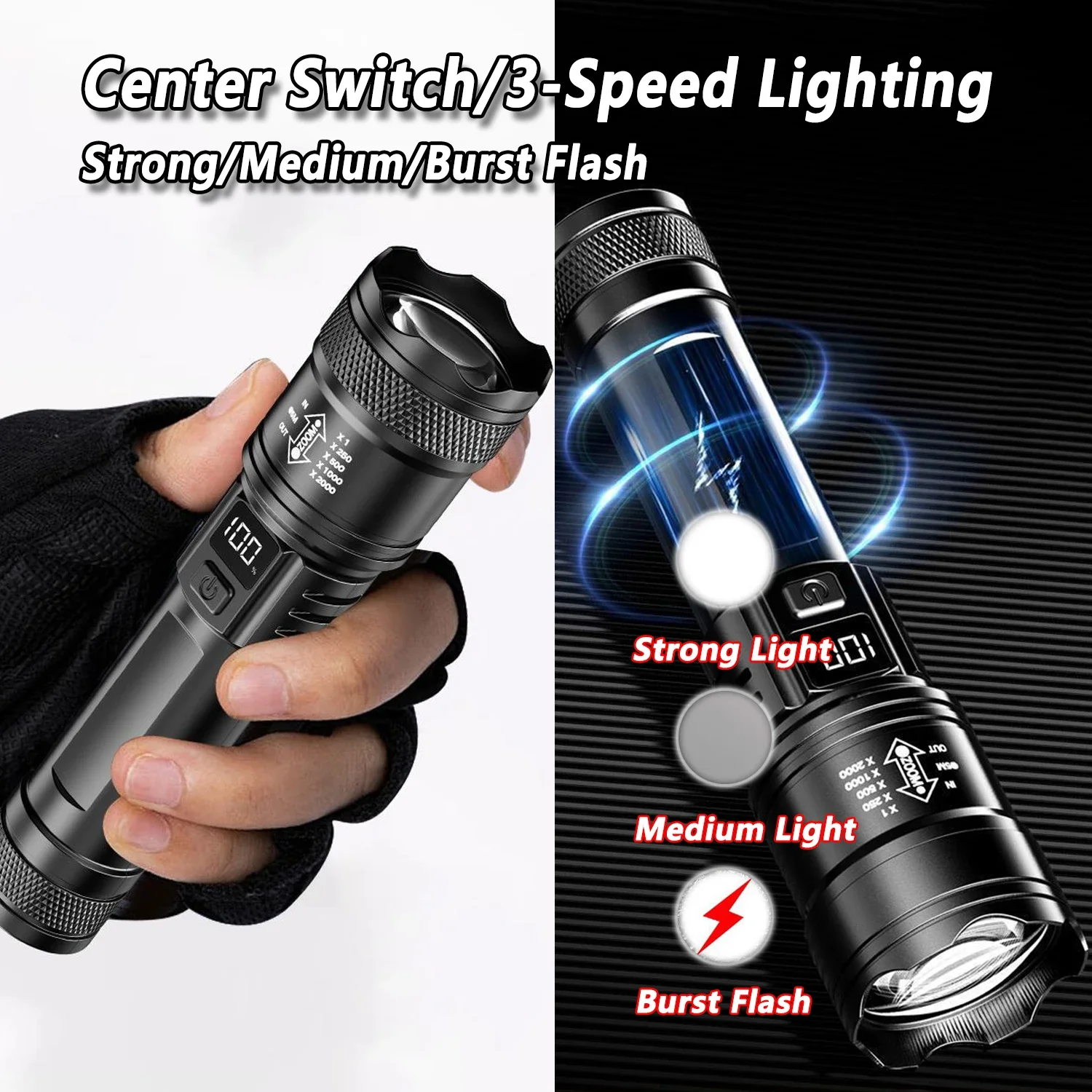 Rechargeable LED Flashlight Zoomable Torch with LCD Display 3 Modes Waterproof High Power Hand Light Outdoor Wilderness - Image 4