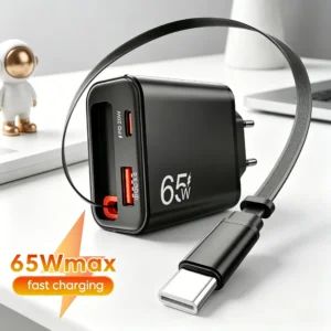 Greitas 65W įkroviklis su ištraukiamu USB-C laidu