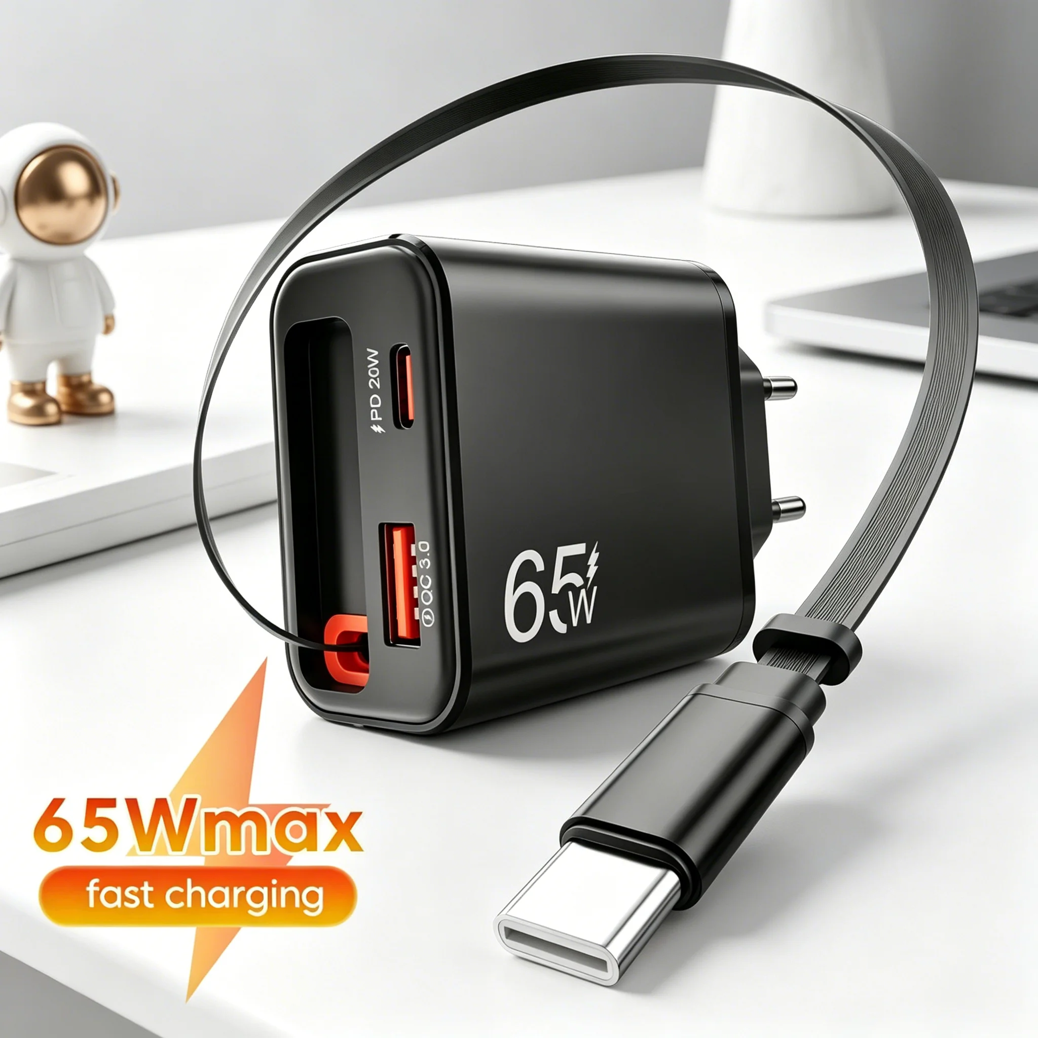 Greitas 65W įkroviklis su ištraukiamu USB-C laidu