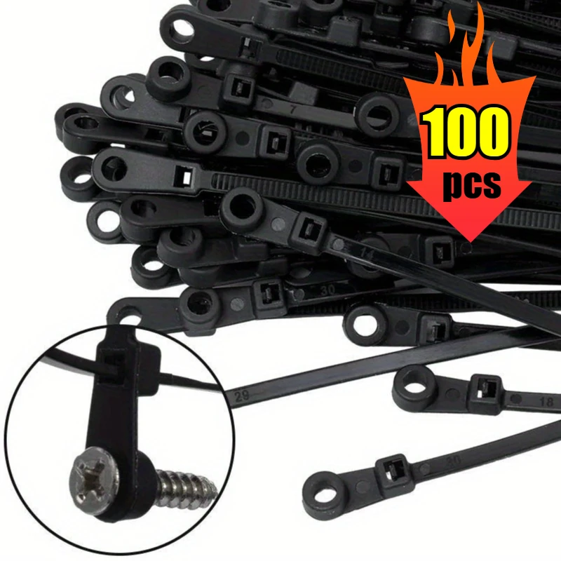 100pcs Nylon Cable Ties with Mounting Screw Hole Self Locking Loop Wraps Zipper Cables Tie Wire Fastening Straps Bundle