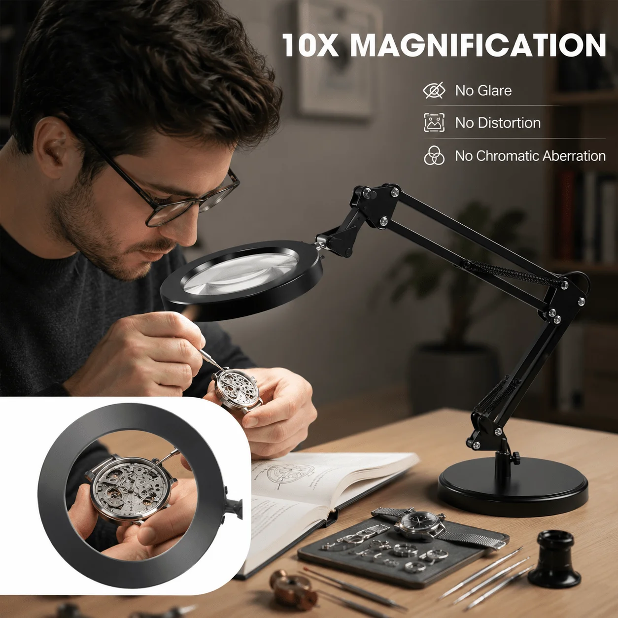 10X Magnification Black Magnifying Glass with Adjustable Angle, Stable Desktop Stand Compatible Magnifier for Manual Rep - Image 3