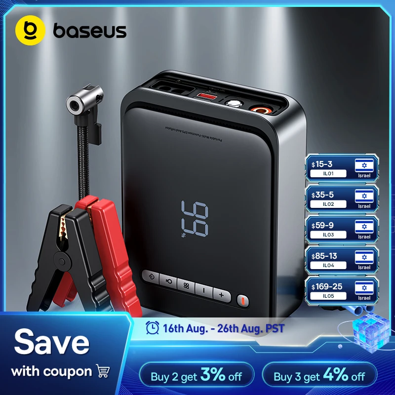 Baseus 2 In 1 Car Jump Starter Power Bank Air Compressor Inflator Pump 1000A Portable Power Station Car Battery Charger
