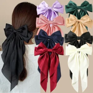 Korean Accessories Hair Clips for Women Girls Big Bowknot Solid Satin Long Ribbon Bows Spring Clamp Barette Cheveux Femm