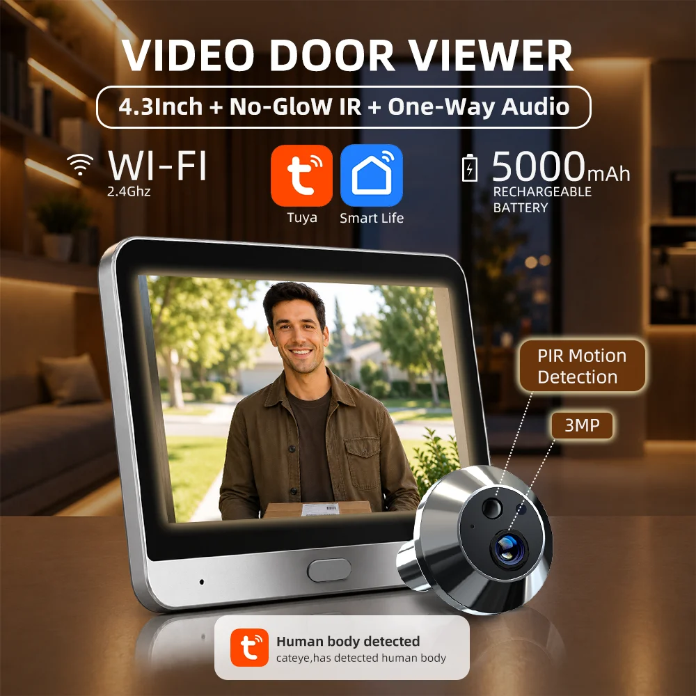 Tuya Smart 3MP 140° Wide View Angle Mini Digital Peephole Eye Viewer WiFi IR PIR Detection Doorbell Door Camera Alexa Go