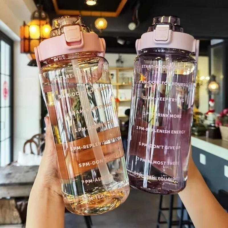 2000ml Water Bottle with Straw Female Jug Girls Portable Travel Bottles Fitness Bike Cup Summer Cold Water Jug with Time - Image 4