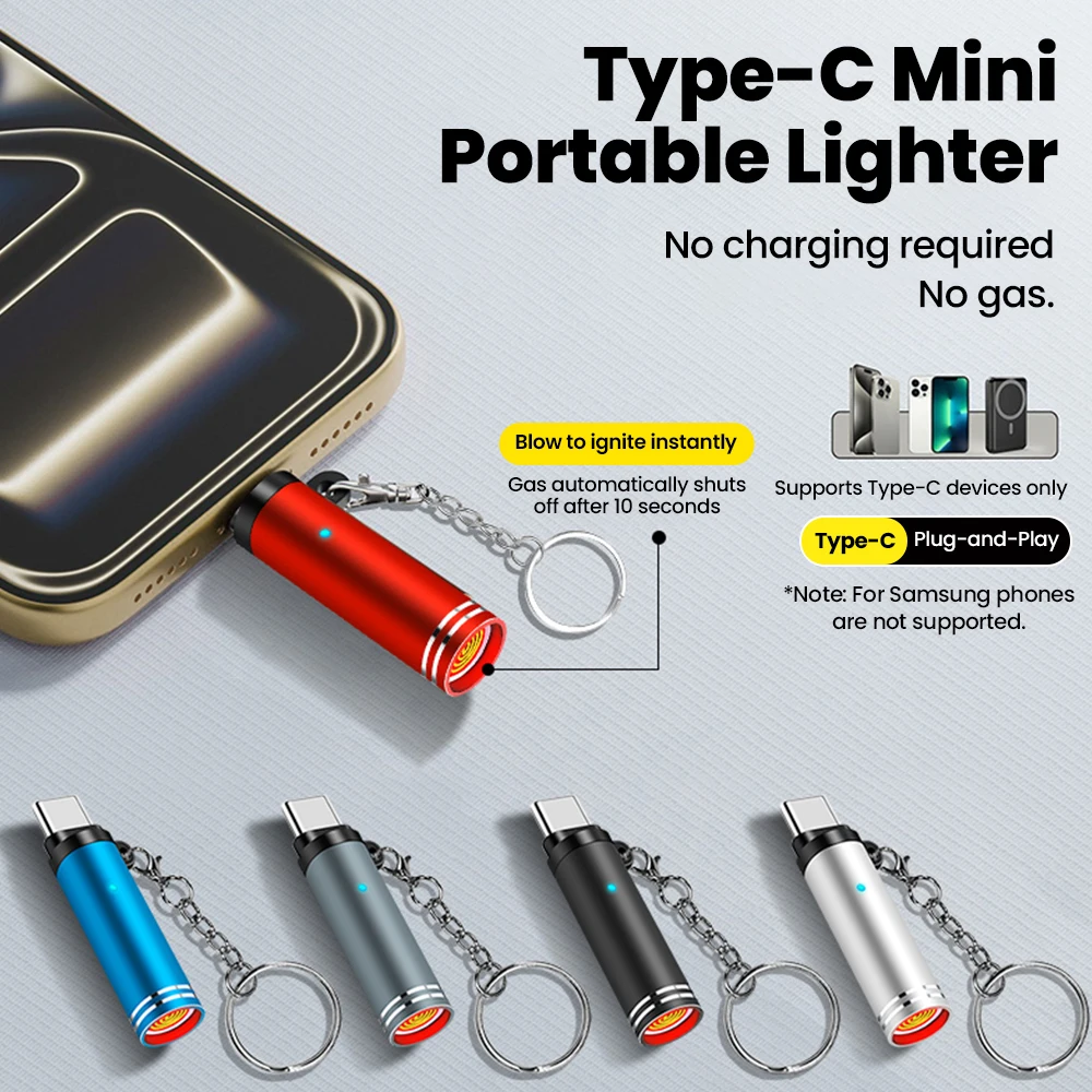 Mini Type C Mobile Phone Cigarette Lighter Air Blowing Cigarette Lighter Outdoor Safety USB C Lighter Adapter For iPhone - Image 2