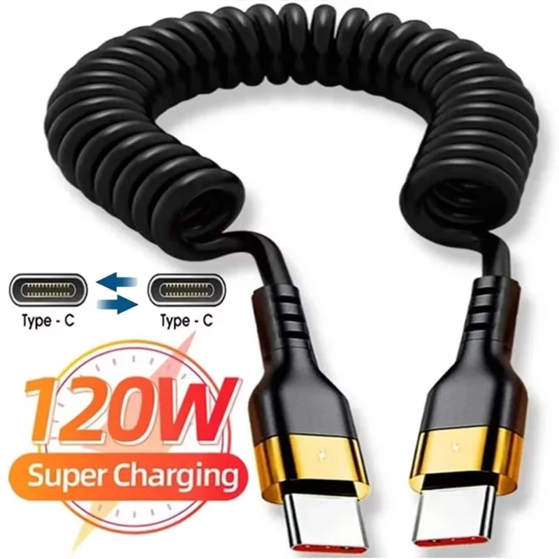 PD 120W Type C To Type C Cable 5A Fast Charge USB C Spring Car Charger Cable For iPhone 15 Series Xiaomi 12 Samsung S23
