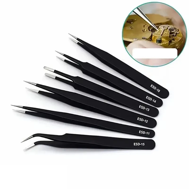 6pcs Precision Long Tweezers Set ESD Anti-Static Stainless SteelTweezers Repair Tools For Electronics Repair Soldering C
