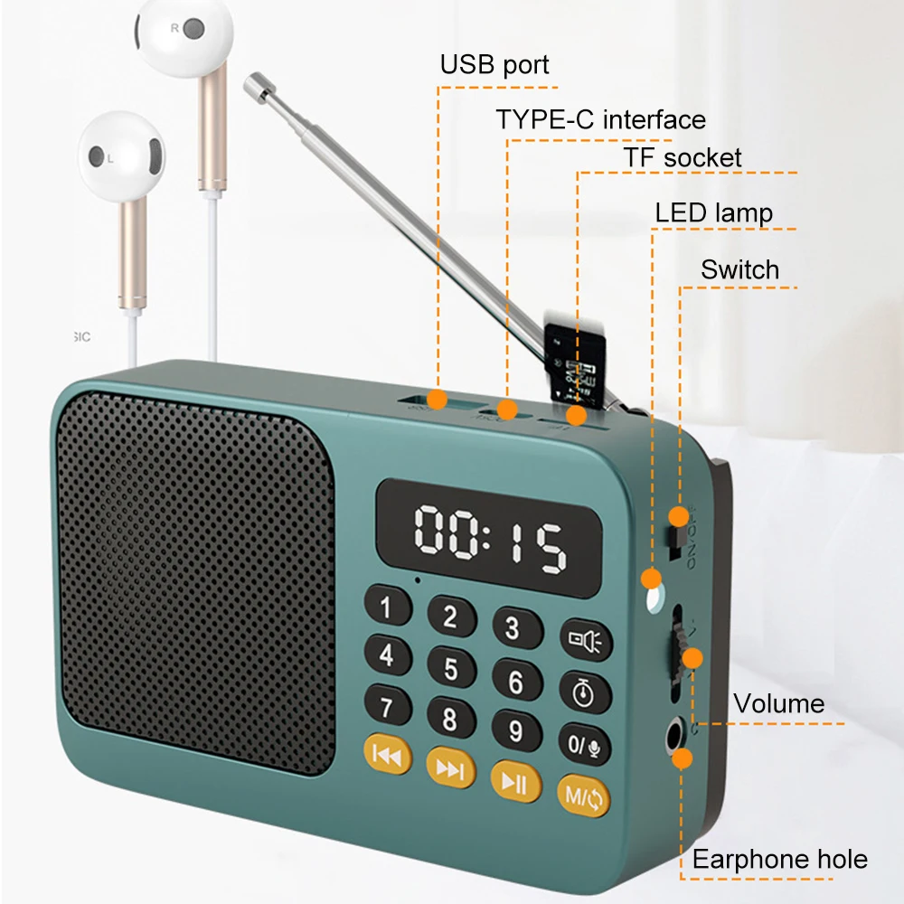 Portable FM Radio with Flashlight Rechargeable Radio TF Card/U Disk Bluetooth 5.0 MP3 Music Player Wireless Speaker - Image 3