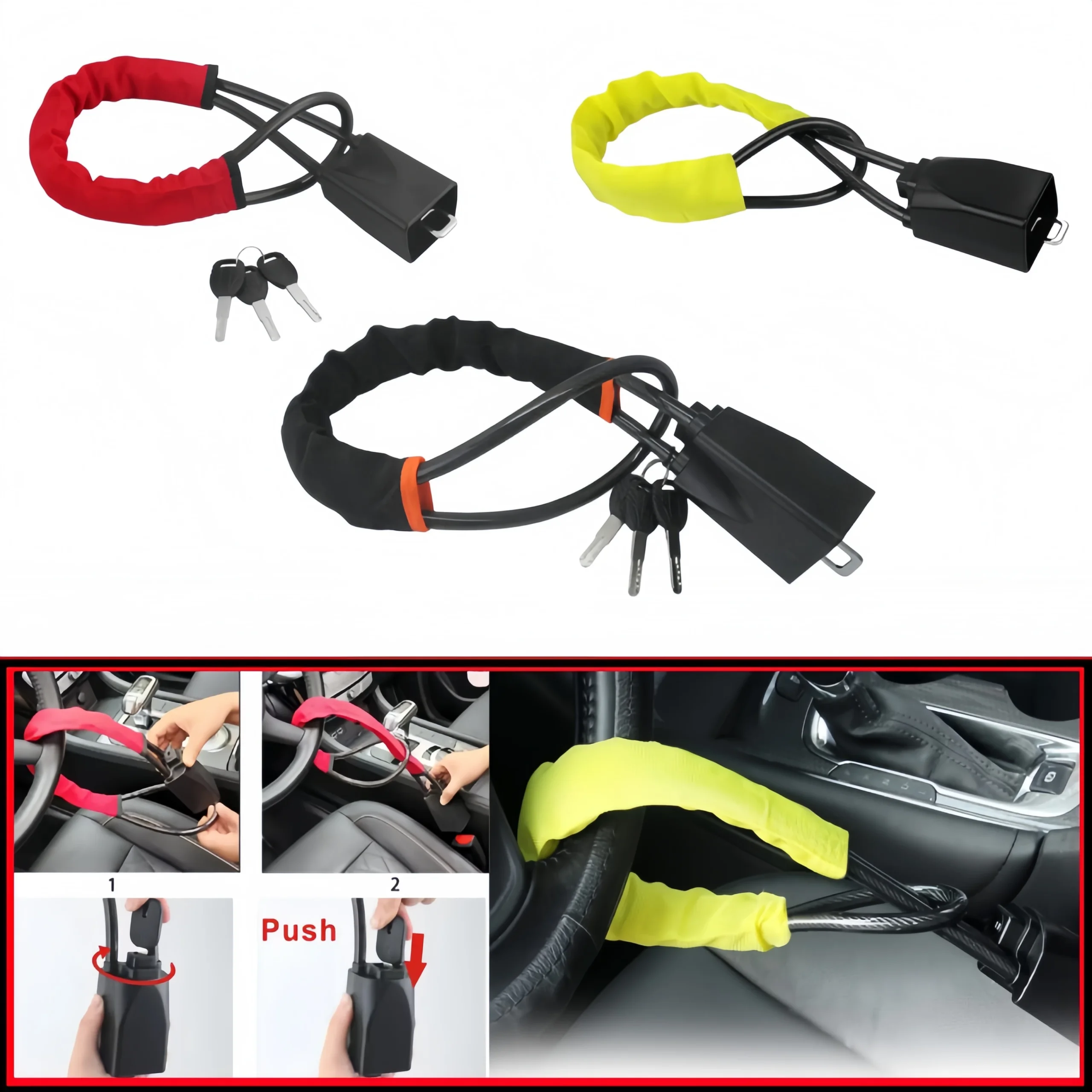 Car Steering Wheel Lock Anti-theft Steel Cable Security Device Universal Fit for Vehicles Prevent Theft Use Durable Prot