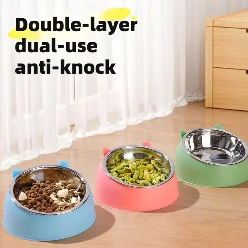 Stainless Steel Cat Bowl with Non Slip Base Cute Cat Ear Design Elevated Pet Food Water Bowl for Dog Kitten Puppy Safe D