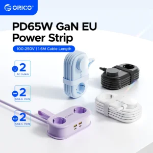 ORICO Cable-Wrap Portable Travel Power Strip 65W GaN Fast Charging Station with 2 AC Outlets 2 USB 2 Type-C EU Plug Adap