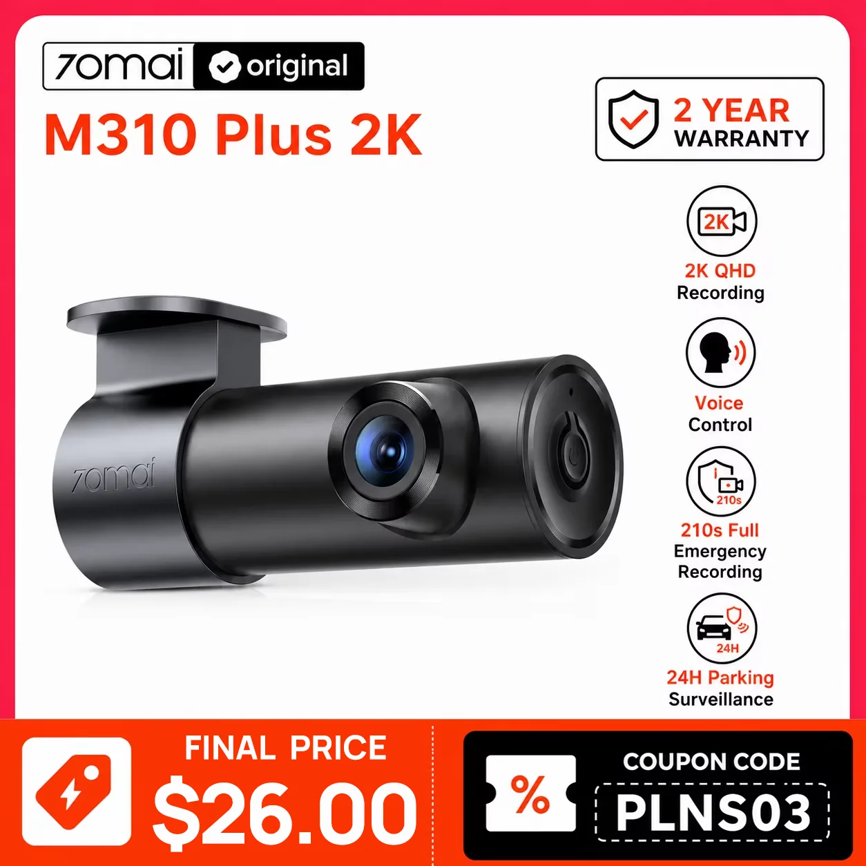 70mai M310 Plus 2K Dash Cam 1440P 143° FOV Night Vision Smart Voice Control 24H Parking Guard Car DVR Camera Mini Easy I