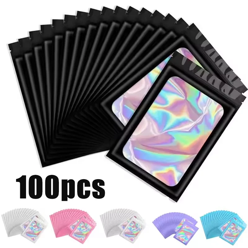 100Pcs Holographic Ziplock Bag Plastic Laser Iridescent Zip Bags for Manicure Eyelash Display Earrings Ring Jewelry Stor