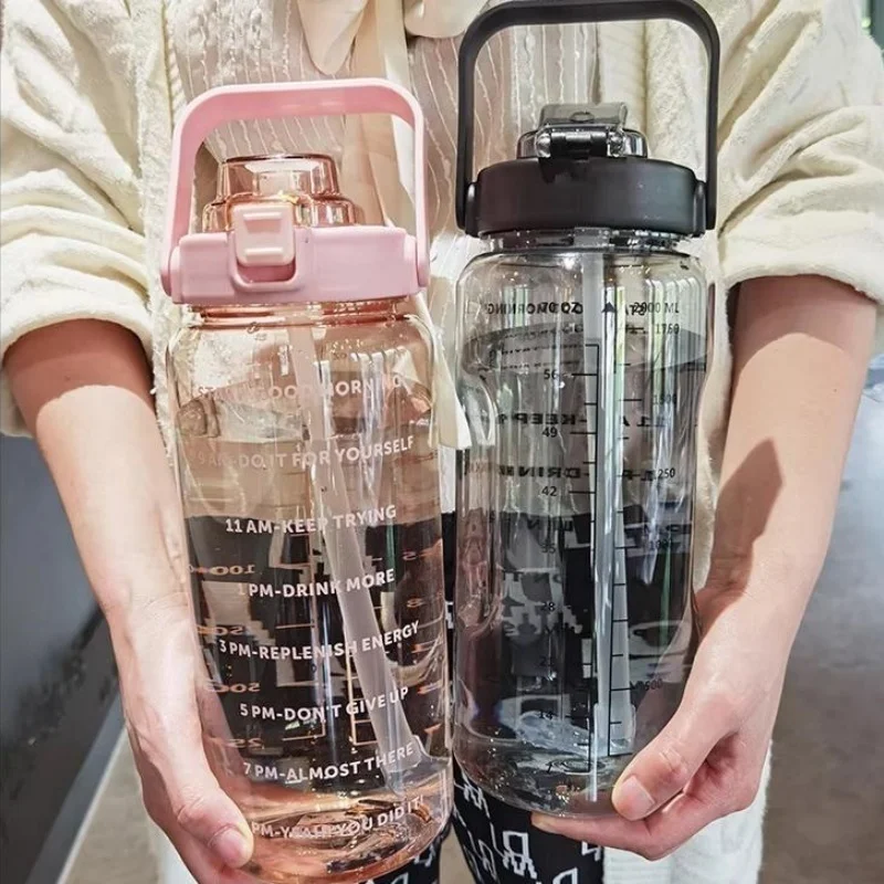 2000ml Water Bottle with Straw Female Jug Girls Portable Travel Bottles Fitness Bike Cup Summer Cold Water Jug with Time - Image 3