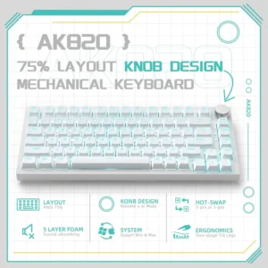 AJAZZ AK820 75% Wired Mechanical Keyboard: Hot-Swappable, RGB Backlit, Knob Control | For Office & Gaming