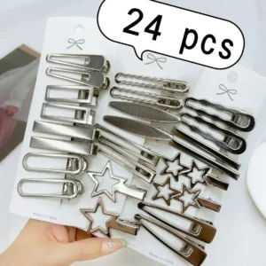 24Pcs/Set Y2K Silver Metal Hair Clips for Women And Girls Star Hair Accessories Multiple Styles Seamless Duckbill Hairpi