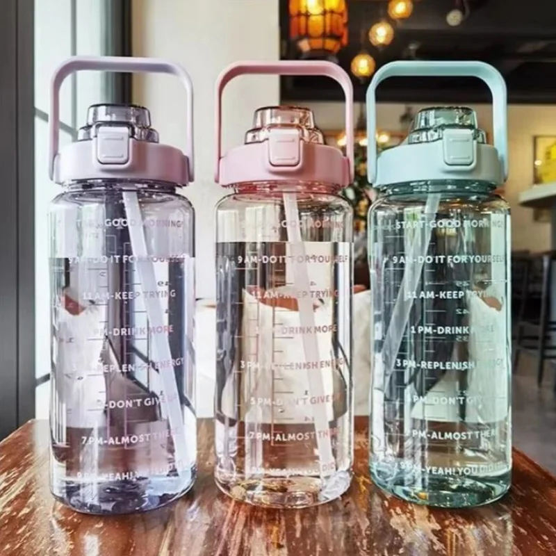 2000ml Water Bottle with Straw Female Jug Girls Portable Travel Bottles Fitness Bike Cup Summer Cold Water Jug with Time - Image 2