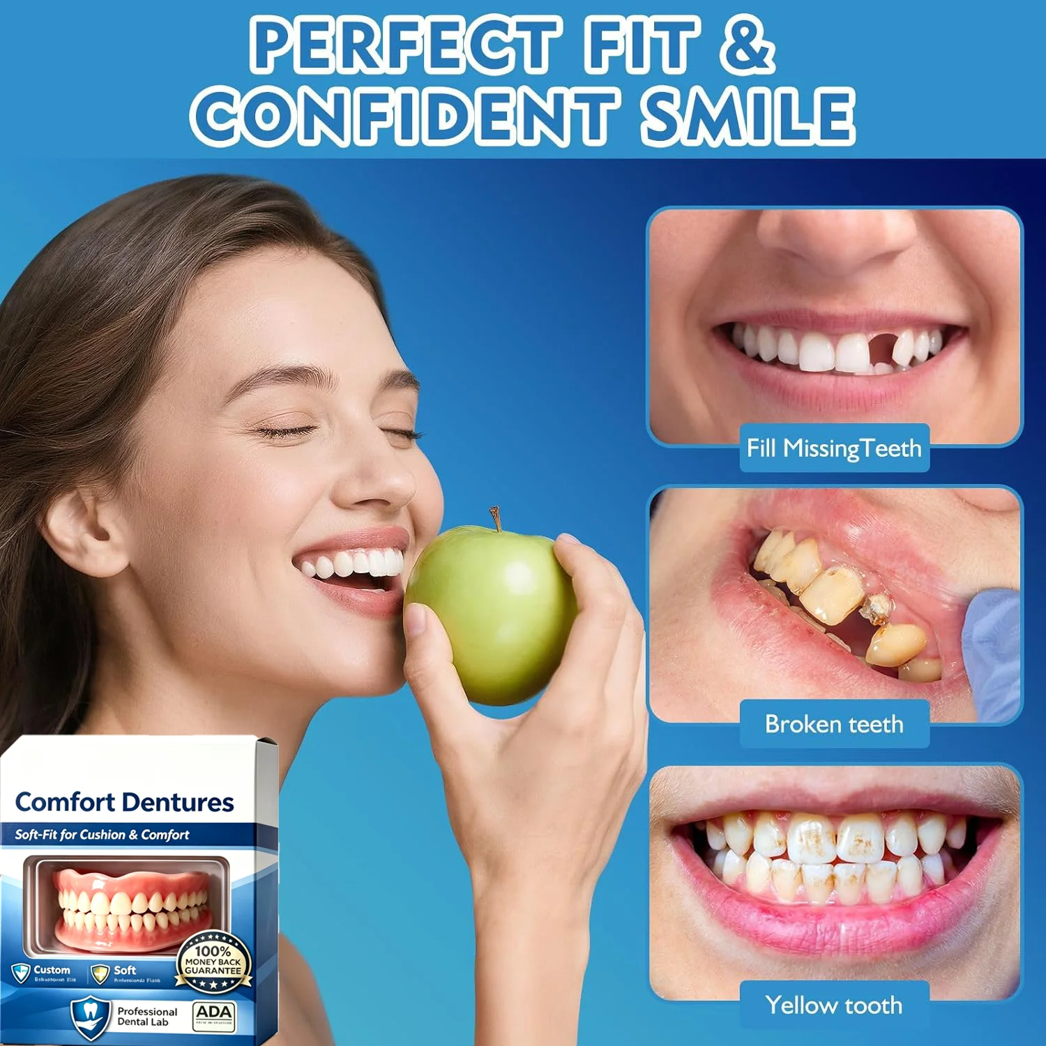 Flexible Silicone Dentures Full Set - Realistic Upper & Lower Fake Teeth Kit for Missing Teeth, Comfort Fit, Natural Loo - Image 2