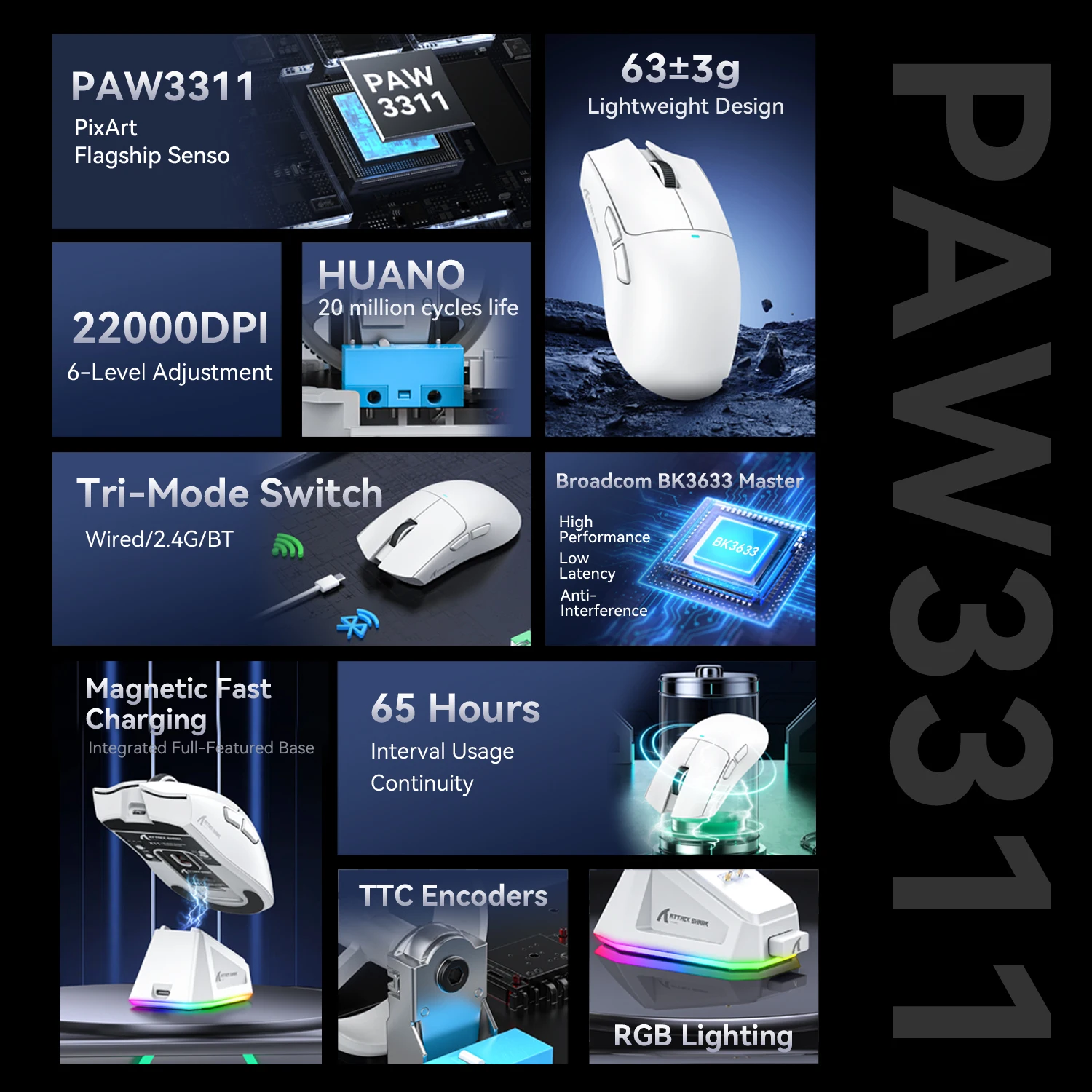 Attack Shark X11 X11SE Wireless Gaming Mouse 3-Mode , PAW3311, 22000DPI, 400IPS, PC Gaming Mouse - Image 3