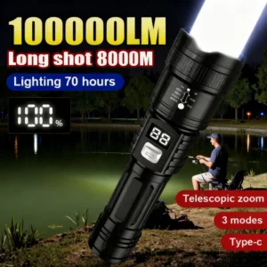 100000LM Super Bright Flashlight Rechargeable LED Torch Long Range Tactical Lamp for Outdoor Waterproof Camping Fishing