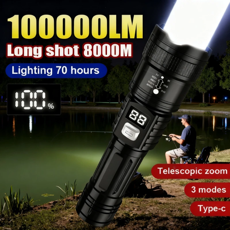 100000LM Super Bright Flashlight Rechargeable LED Torch Long Range Tactical Lamp for Outdoor Waterproof Camping Fishing