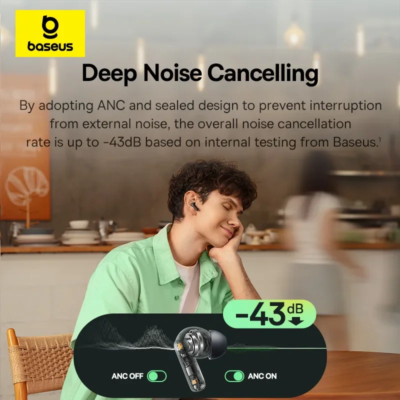 Baseus Bass EP10 NC -43dB Noise Cancelling ANC True Wireless Earbuds Bluetooth 6.0 In-Ear Wireless Earphones 4-Mics ENC - Image 2