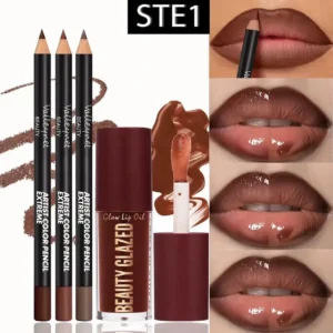 4pcs Lip Kit Set-3pcs Lip Liner+1pc Lip Glaze, Waterproof&Long-Lasting Matte Effect,Versatile for Casual & Formal Occasi