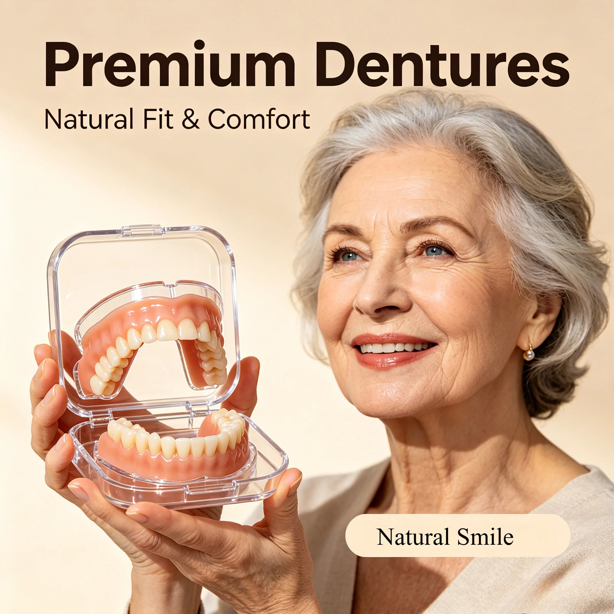 Flexible Silicone Dentures Full Set - Realistic Upper & Lower Fake Teeth Kit for Missing Teeth, Comfort Fit, Natural Loo